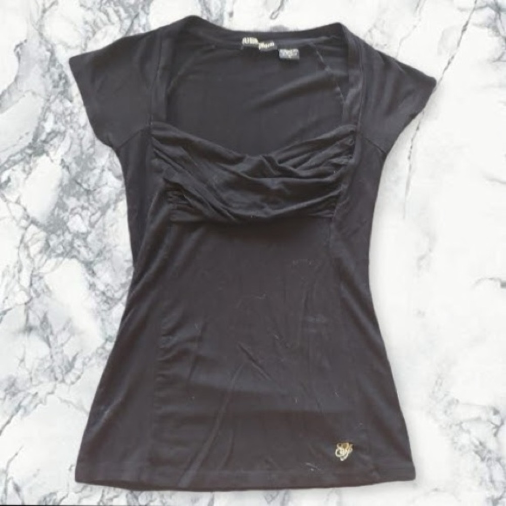 Guess Black Women's Short Sleeve Ruched Neck Top